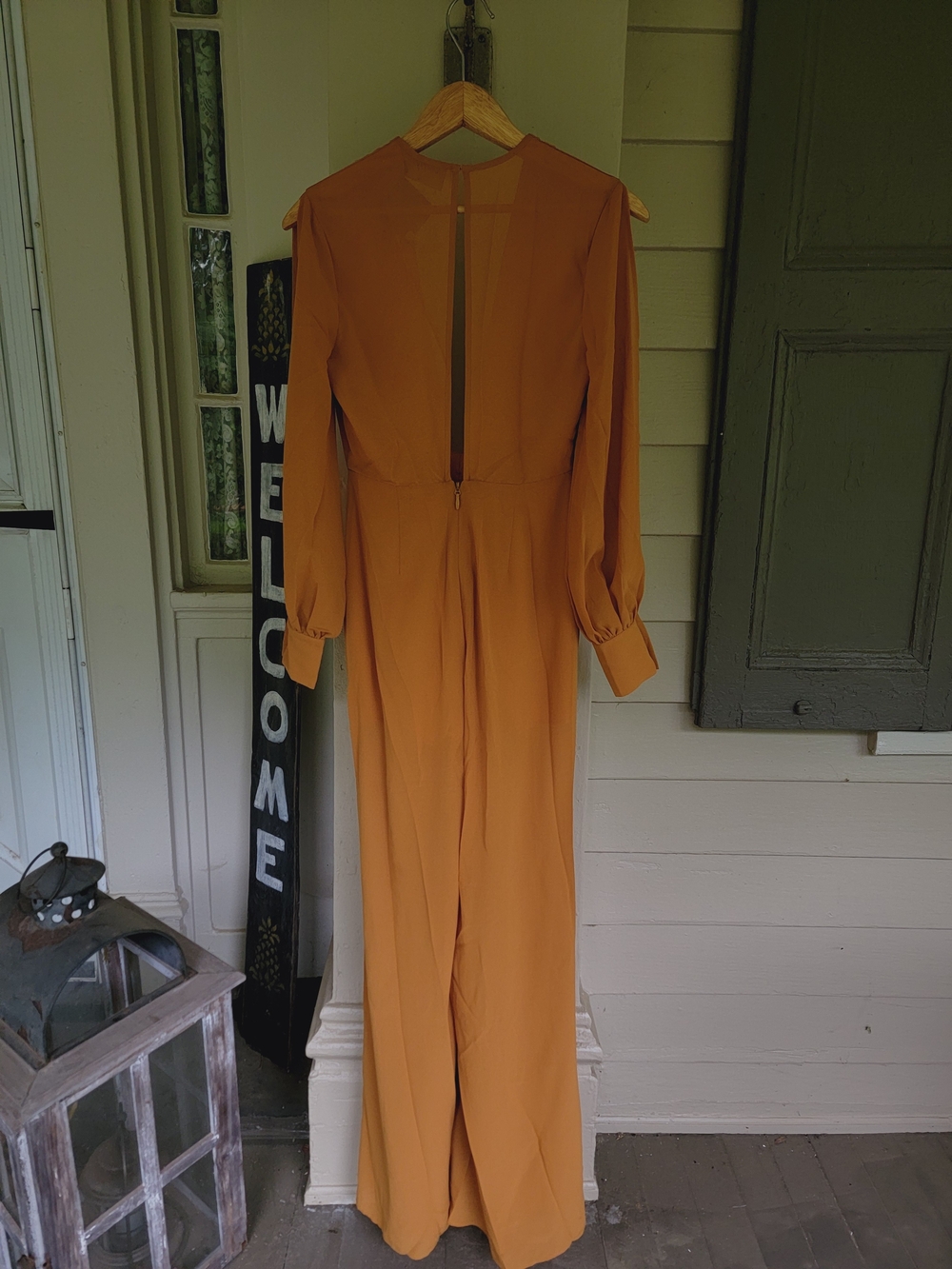 Nasty Gal Split Decision Plunging Mustard Color Poly Crepe Jumpsuit Open Sleeve - Picture 11 of 16